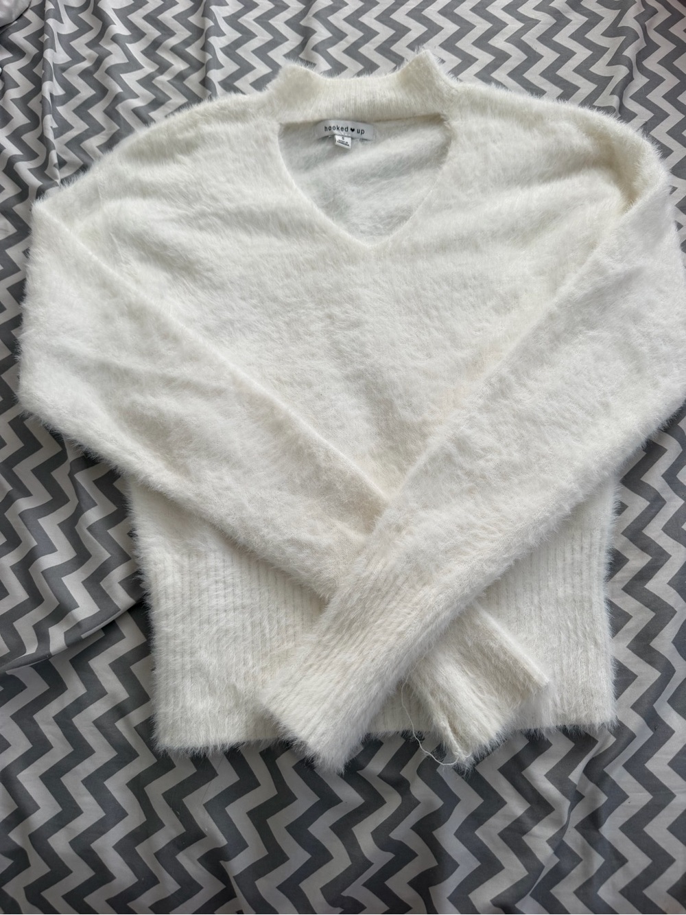 Hooked Up by IOT Cream Fuzzy V-Neck Turtleneck Sweater